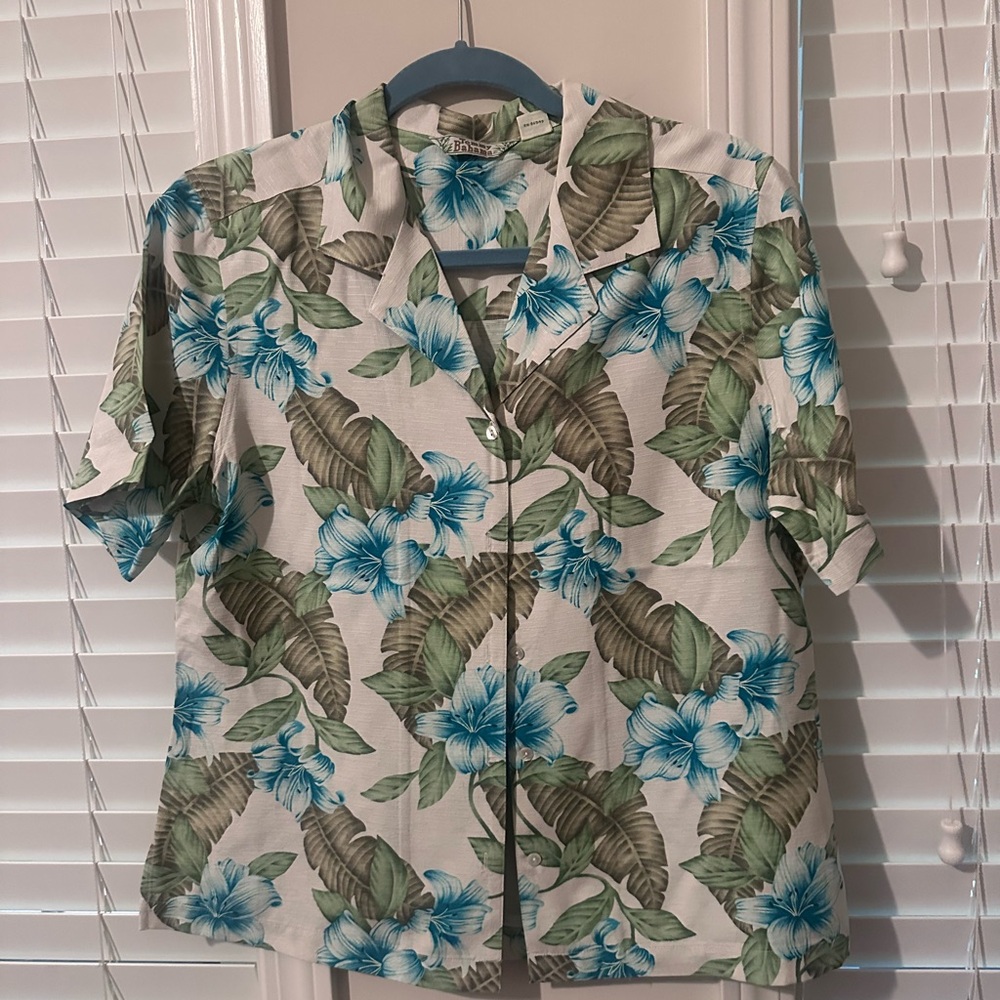 Tommy Bahama Silk Shirt with Blue and Green Floral Design